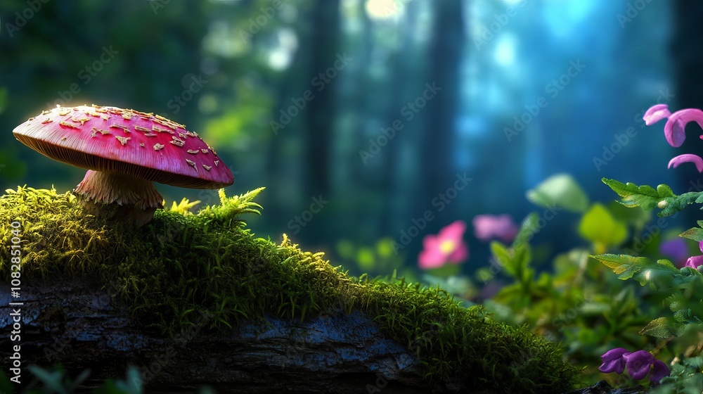 Poster a single, red mushroom with white spots sits on a mossy log in a fairytale forest. the soft light fi