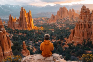 Solitary Figure Gazing Over a Rugged, Red Rock Landscape