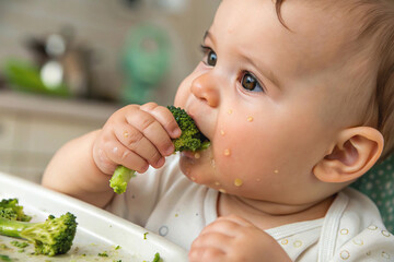 baby's first feeding eating broccoli food