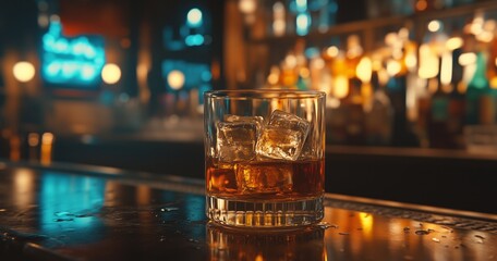 glass of whiskey with ice cubes on the bar counter in a dark room bar