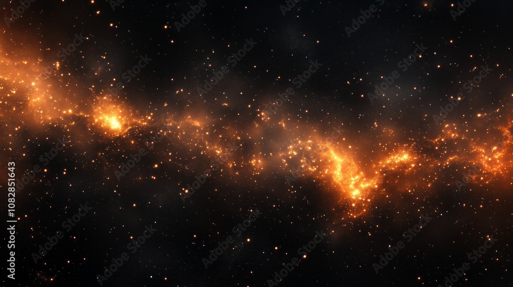 Poster dark background with stars and orange particles floating around