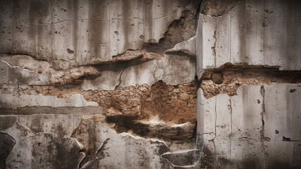 A rugged concrete wall with cracks chipped edges and discoloration in gray tones showcasing a weathered surface with exposed stone and industrial urban decay.