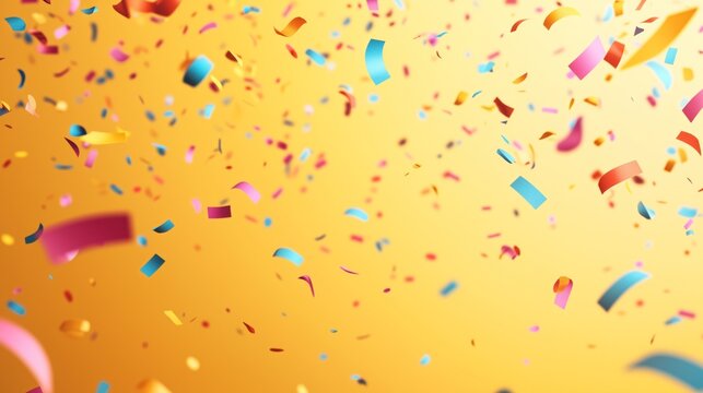 Colorful confetti falling on a yellow background