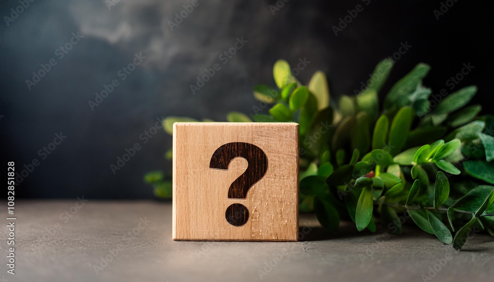 Poster wooden block with question mark, green plants on backdrop. faq and qa. problem solution.