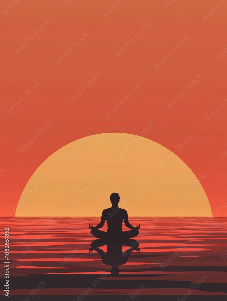 Poster a person is meditating in silhouette by the water as the sun sets, creating a serene atmosphere with