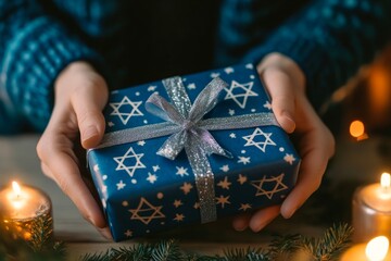 Hands holding a Hanukkah gift with silver ribbon and star patterns