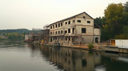 Obraz premium A dilapidated factory building stands beside a calm river. The structure is crumbling and boarded up, with scaffolding surrounding it.