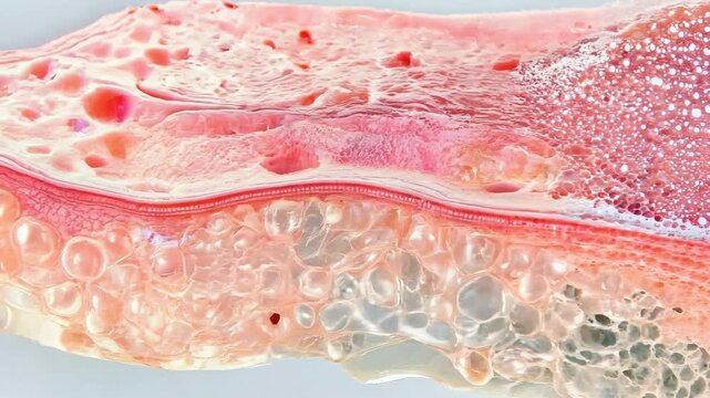 A close up of a pinkish skin with red spots. The skin is very thin and has a lot of bumps