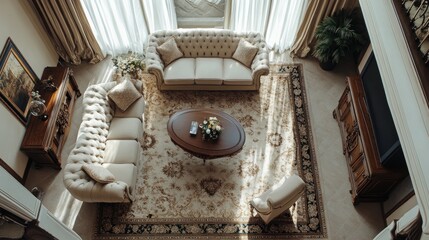 Luxurious Living Room Interior Design: Elegant Beige Sofa, Wooden Furniture, and a Classic Rug