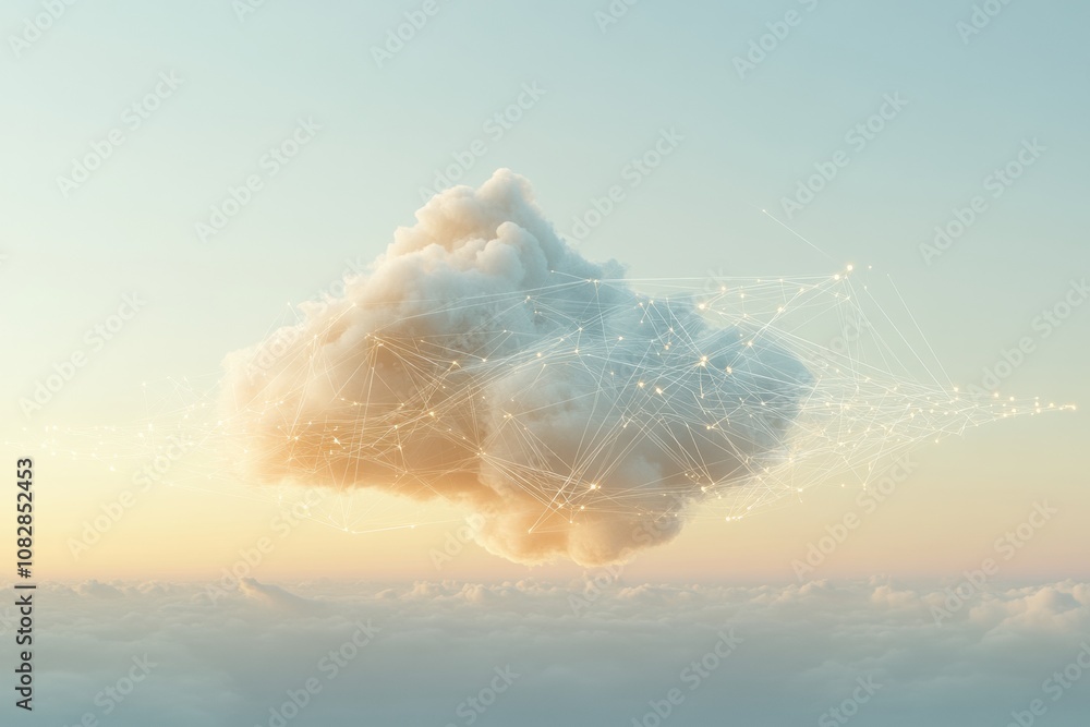 Leinwandbilder A conceptual depiction of a data cloud with delicate lines extending outward, symbolizing connectivity and information flow in the sky. Generative AI