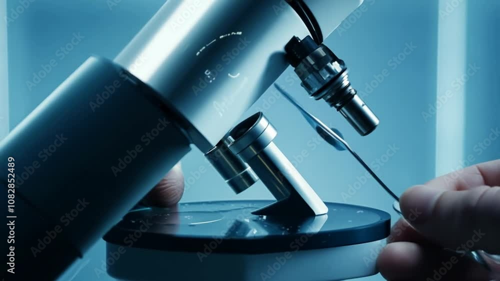 Poster close-up of scientist's hands using a microscope in the laboratory generative ai