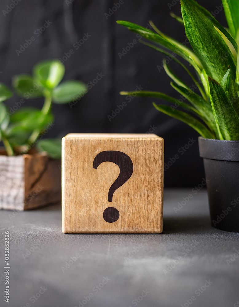 Poster wooden block with question mark, green plants on backdrop. faq and qa. problem solution.