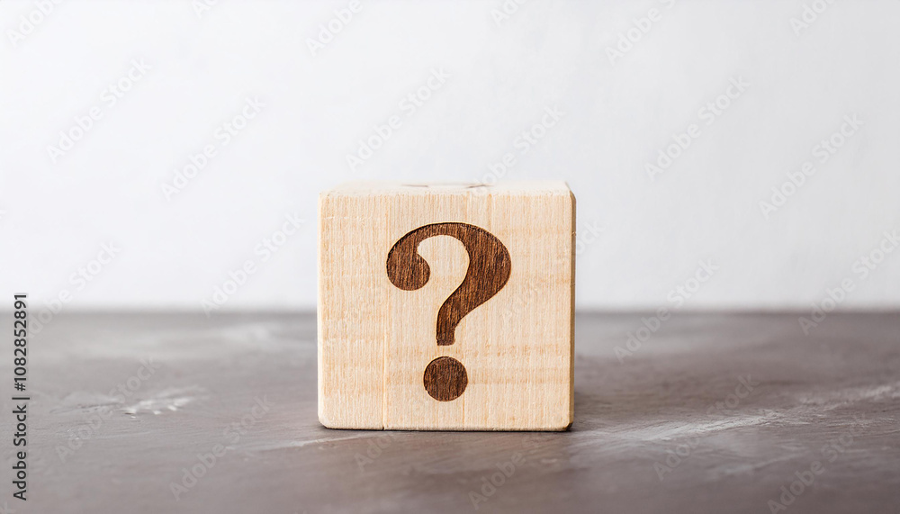 Poster wooden block with question mark. faq and qa. problem solution. wood cube. light backdrop.