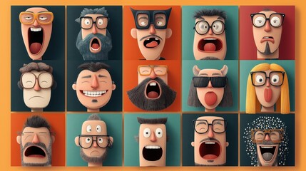 Collage of sixteen whimsical cartoon faces with varying expressions, featuring exaggerated facial features, glasses, and distinct hairstyles on colorful backgrounds.