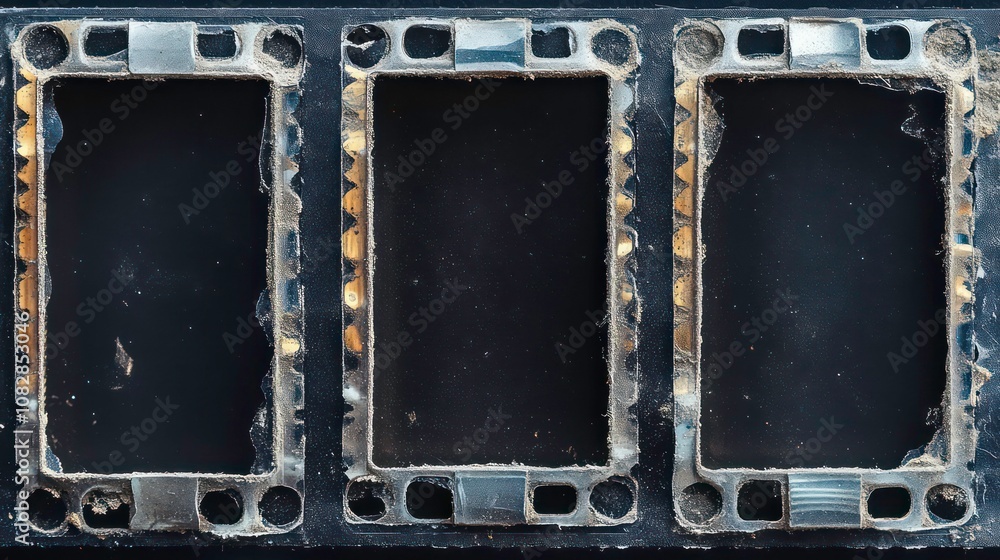 Poster close-up of three empty rectangular frames with a worn and distressed black background.