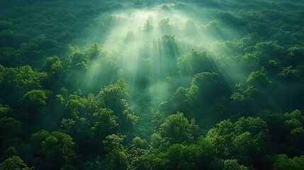 Obraz premium A serene forest scene illuminated by soft rays of sunlight filtering through the trees.