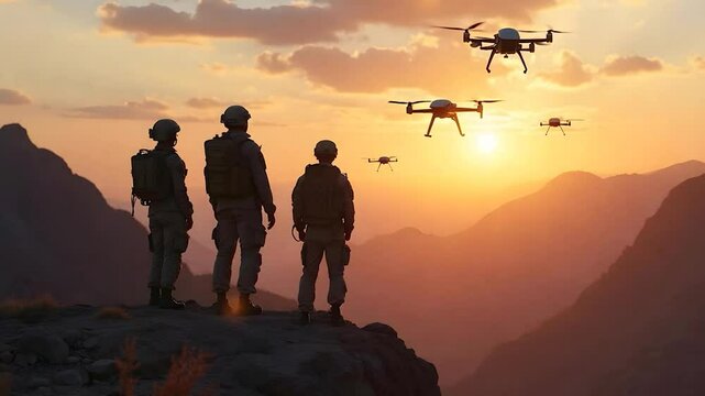Military Personnel Observing a Drone Swarm at Sunset in the Mountains
