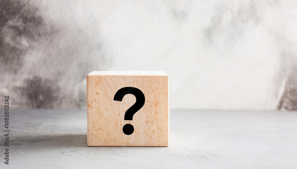 Poster wooden block with question mark. faq and qa. problem solution. wood cube. light backdrop.