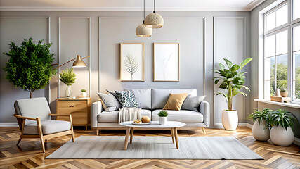 Obraz premium Mock up poster frame close-up in kitchen interior, American style, 3d render, white Mock up frame