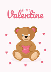 Valentine's day card, poster with teddy bear and typographic elements. Romance, Love concept. illustration for poster, banner, card, postcard, cover, advertising. EPS 10