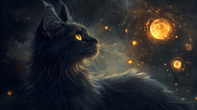 Nahaufnahme von einem katzenauge mit mystischen elementen aus sterne, neblua und planeten,. Mysticism. Illustration