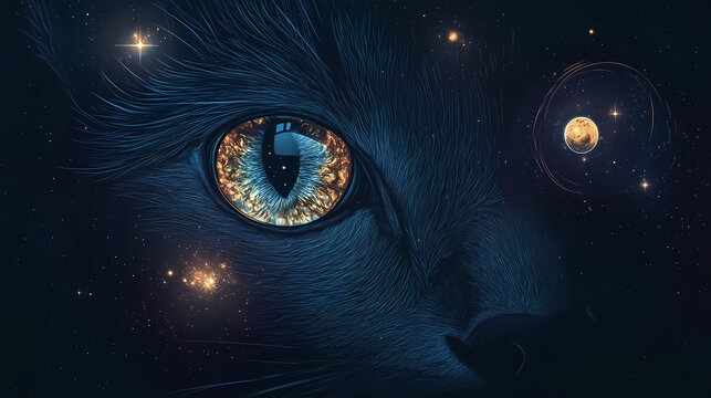 Nahaufnahme von einem katzenauge mit mystischen elementen aus sterne, neblua und planeten,. Mysticism. Illustration