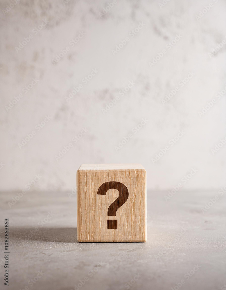 Poster wooden block with question mark. faq and qa. problem solution. wood cube. light backdrop.