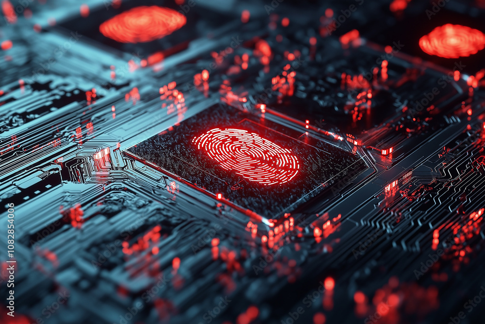Poster a close-up of a futuristic circuit board featuring a glowing fingerprint design, symbolizing technol
