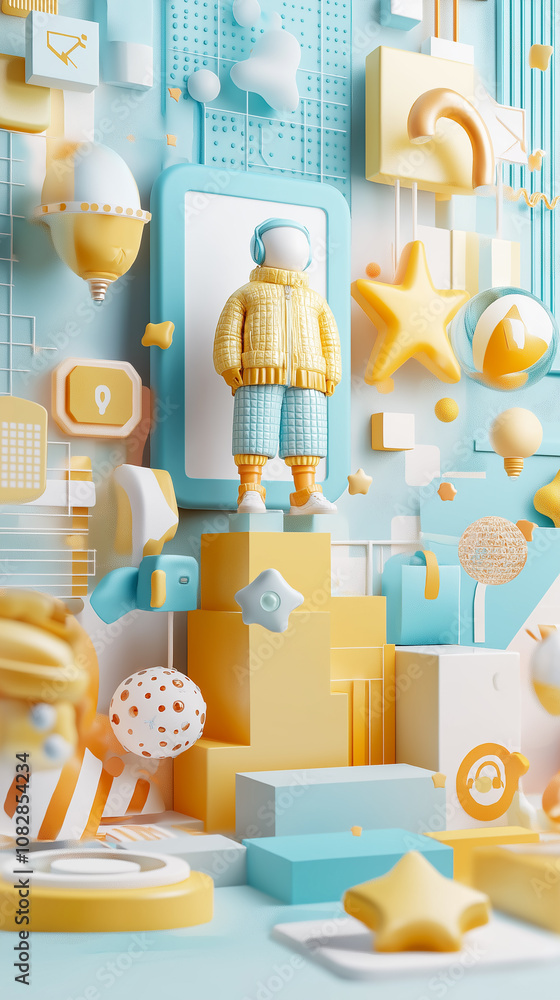 Poster a colorful 3d render depicting a whimsical character surrounded by playful geometric shapes and patt