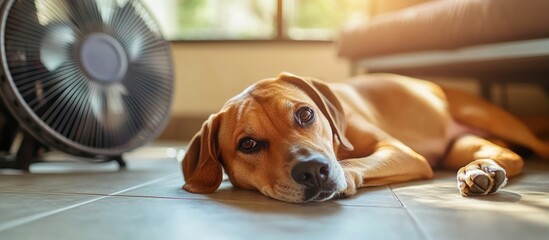 Dog lounging in front of a fan on a kitchen floor during warm weather Adorable puppy relaxed on cool tiles Keeping pets comfortable in summer heat Female Harrier mix Selective focus