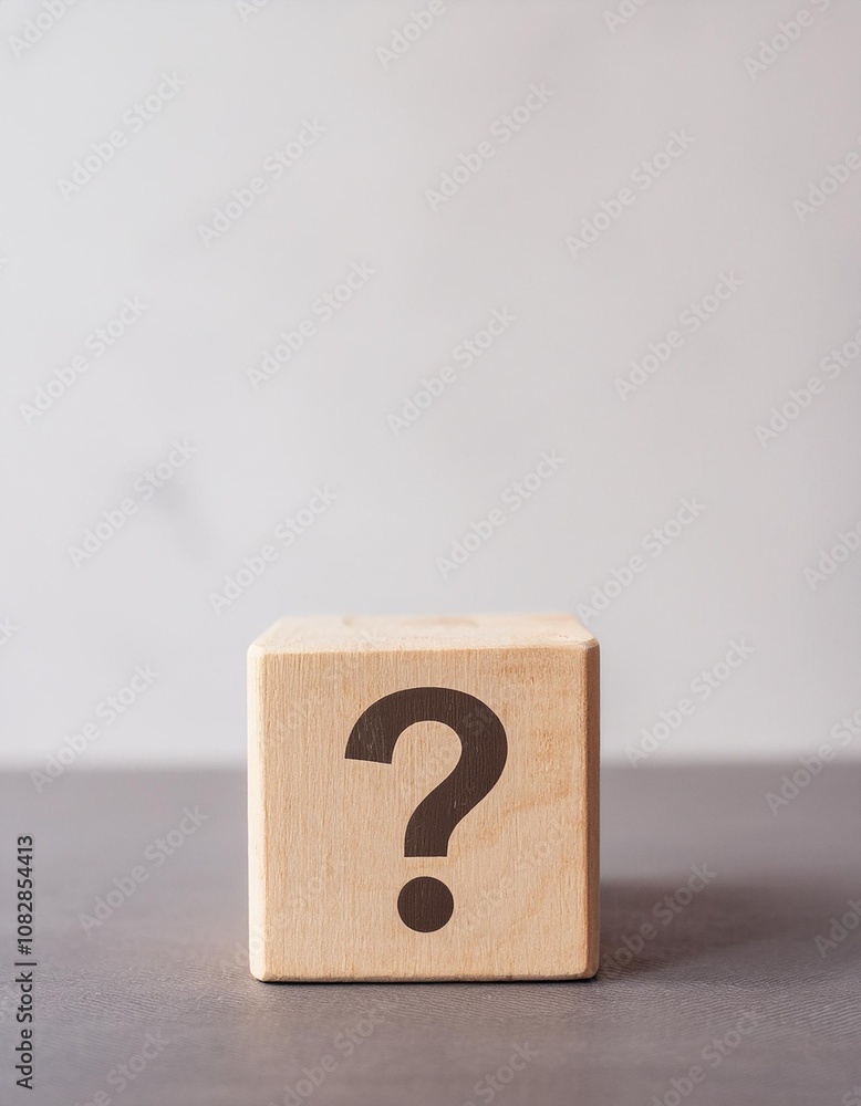 Aufkleber Wooden block with question mark. FAQ and QA. Problem solution. Wood cube. Light backdrop.