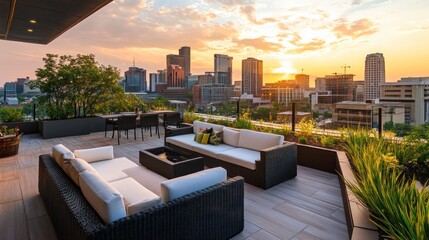 Luxury Rooftop Terrace with Stunning City Skyline at Sunset
