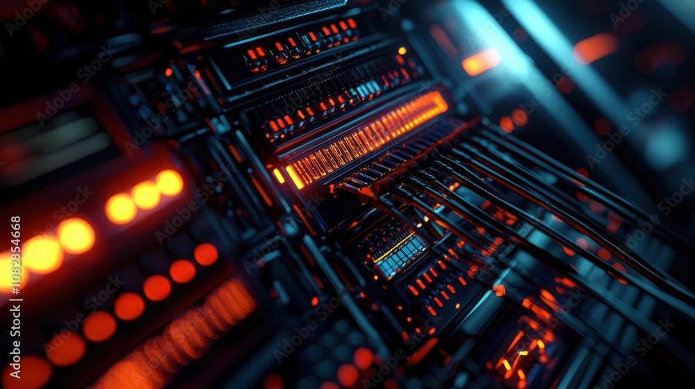 Poster vibrant data center server rack with connectivity and flashing lights for technology design