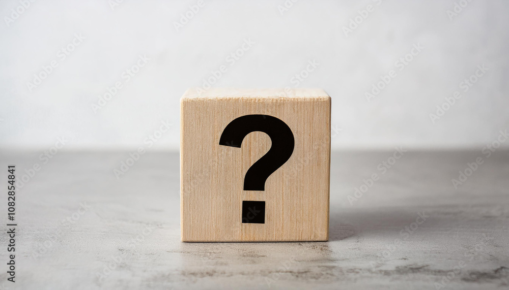 Poster wooden block with question mark. faq and qa. problem solution. wood cube. light backdrop.