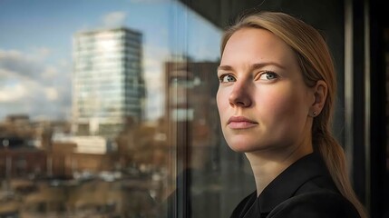Fototapeta premium A businesswoman gazing through an office window, corporate buildings mirrored in the glass reflection.