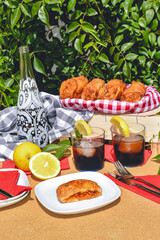 picnic with food, sandwiches, drinks, lemonade, checkered tablecloth in a natural environment.