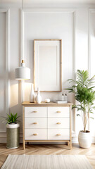 Mock up poster frame close-up in kitchen interior, American style, 3d render, white Mock up frame