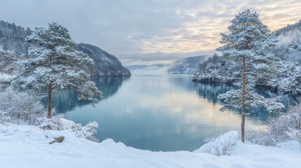 Serene winter landscape featuring a tranquil lake and snow-covered trees