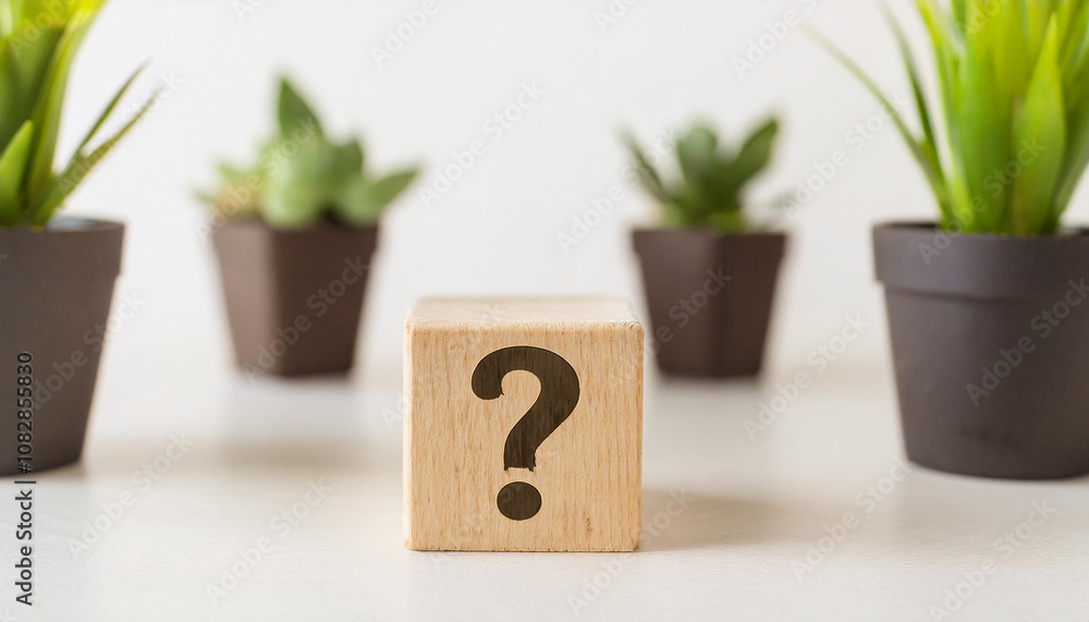 Poster wooden block with question mark, green plants on backdrop. faq and qa. problem solution.
