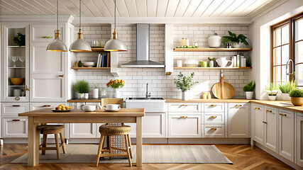 Mock up poster frame close-up in kitchen interior, American style, 3d render, white Mock up frame