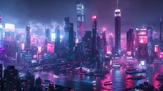 Futuristic city illuminated and reflected in water at night. River with boats floating on it. People's nightlife.