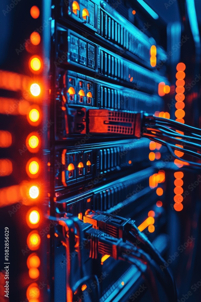 Poster high-tech data center server rack with flashing led lights and intricate wiring for it solutions