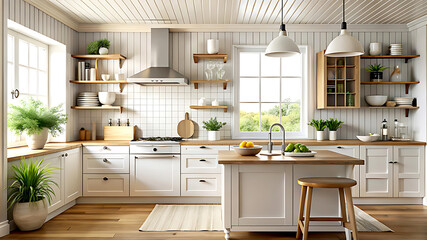 Mock up poster frame close-up in kitchen interior, American style, 3d render, white Mock up frame