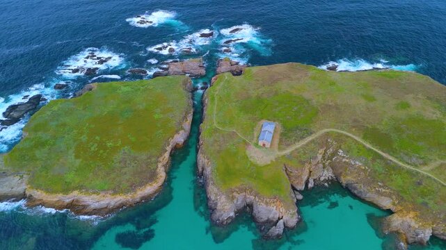 Aerial view from a drone of the coastal area, beaches and sea of ​​the Hermitage of Santa Comba in the parish of Covas. Ferrol. Province of La Coru&ntilde;a. Galicia. Spain. Europe