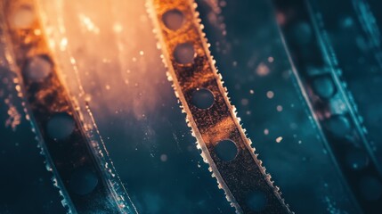 Close-up of Filmstrip with Golden Light and Blue Background