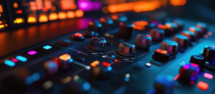 Switcher buttons in a television studio featuring an audio and video production switcher with a bokeh effect