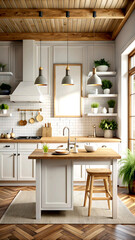 Mock up poster frame close-up in kitchen interior, American style, 3d render, white Mock up frame