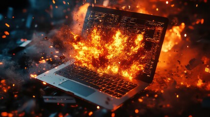 A laptop computer explodes in a fiery inferno, spewing sparks and smoke.
