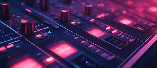 Closeup of mixing console sliders used for modifying audio signals to create the desired output in recording broadcasting and film post production settings