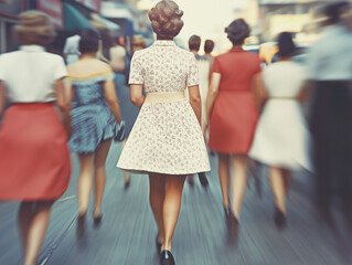 Vintage-inspired scene with a young woman walking down a crowded street in retro-style clothing, capturing a nostalgic and timeless atmosphere.